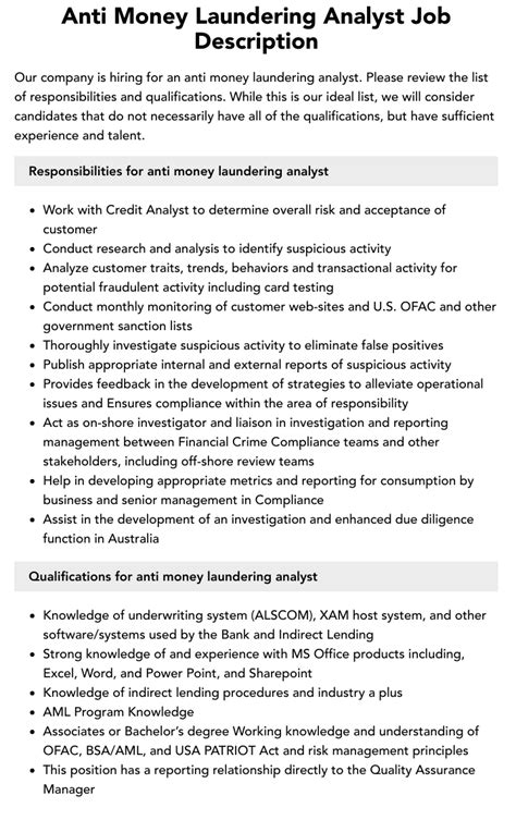 anti money laundering job description.